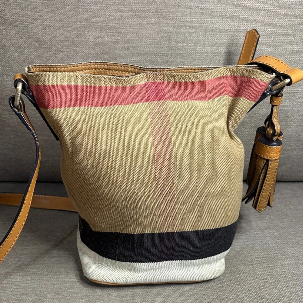 Burberry Ashby House Check Canvas Bucket Crossbody Leather Trim and Tassel - Picture 3 of 15